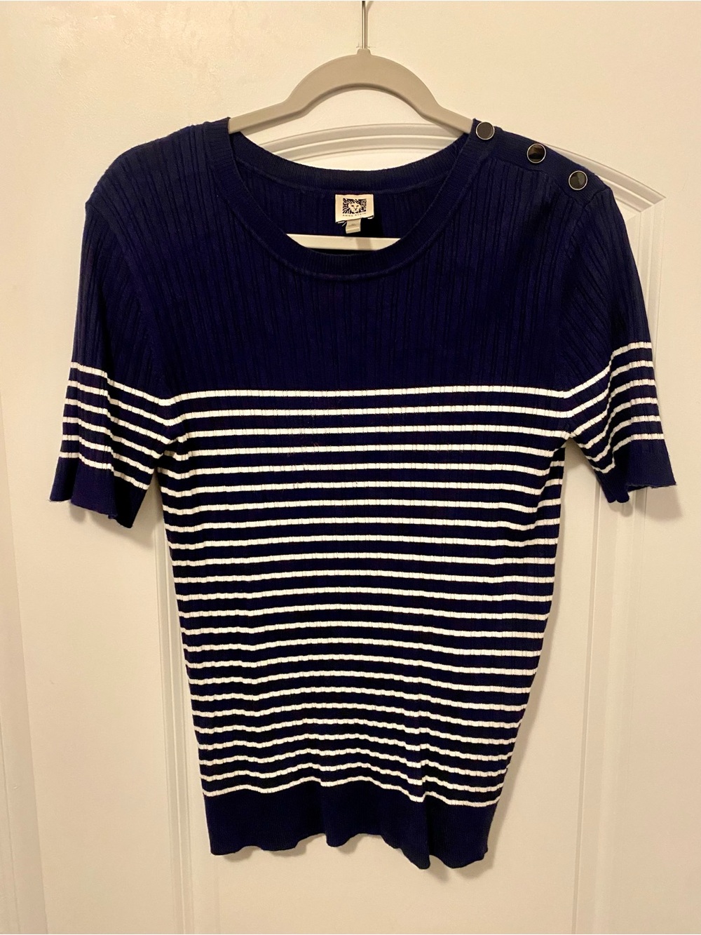 Navy & White Striped Short-Sleeve Sweater with Shoulder Buttons